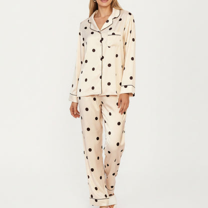Anna-Kaci Lounge Women's 2-Piece Set Satin Polka Dot Pajama Top with Contrast Piping and Matching Straight-Leg Pants