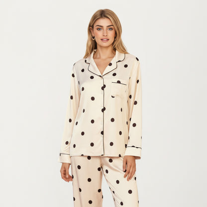 Anna-Kaci Lounge Women's 2-Piece Set Satin Polka Dot Pajama Top with Contrast Piping and Matching Straight-Leg Pants