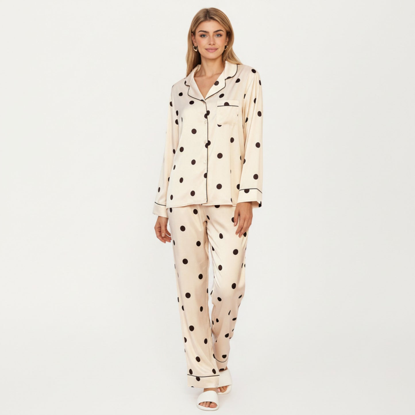 Anna-Kaci Lounge Women's 2-Piece Set Satin Polka Dot Pajama Top with Contrast Piping and Matching Straight-Leg Pants