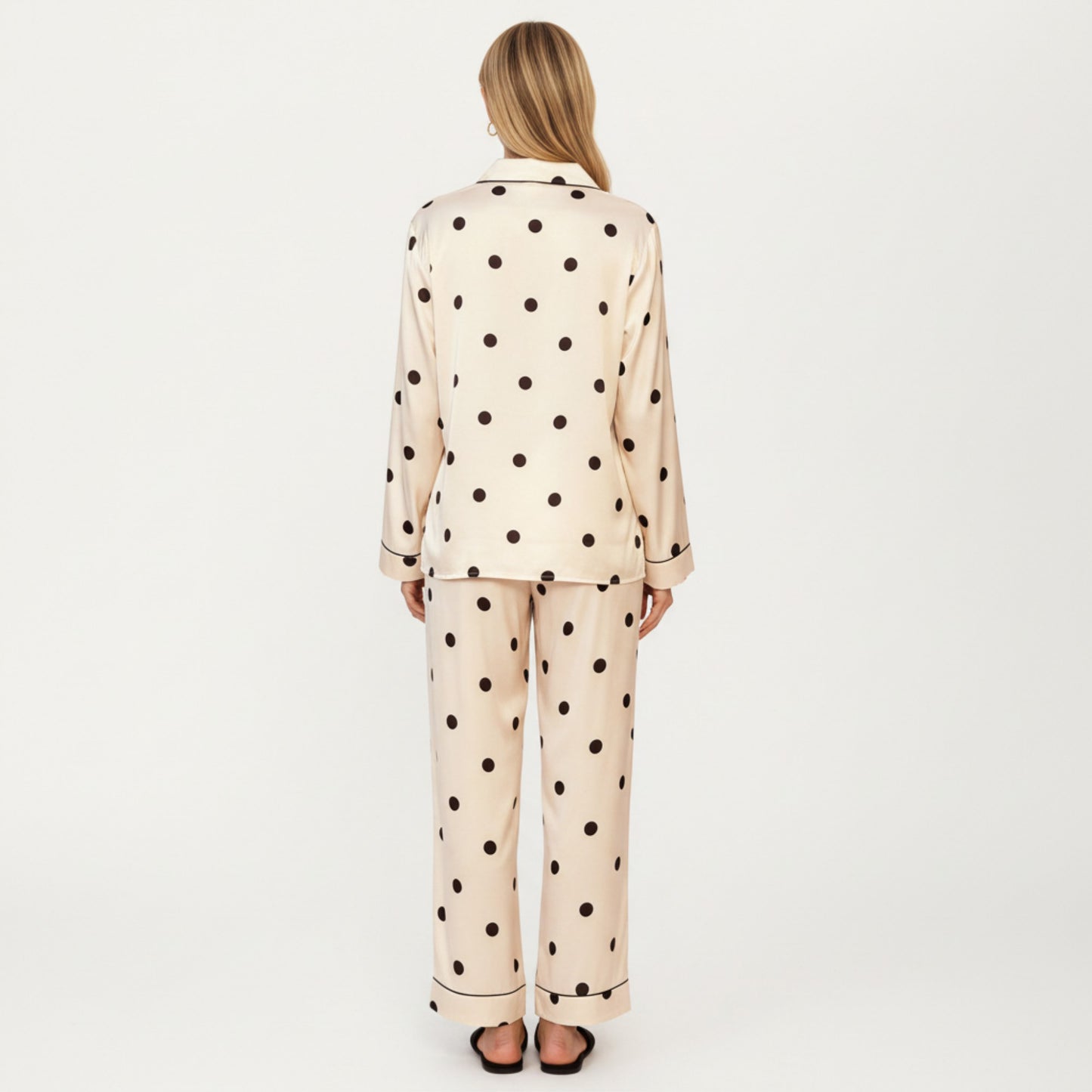 Anna-Kaci Lounge Women's 2-Piece Set Satin Polka Dot Pajama Top with Contrast Piping and Matching Straight-Leg Pants