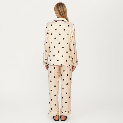 Anna-Kaci Lounge Women's 2-Piece Set Satin Polka Dot Pajama Top with Contrast Piping and Matching Straight-Leg Pants