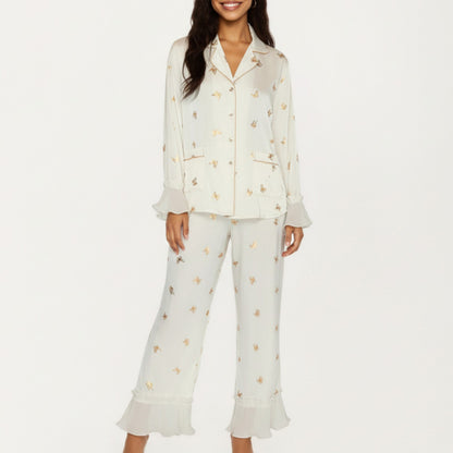 Anna-Kaci Lounge Women's 2-Piece Set Satin Pajama Top with Piping Detail and Ruffled Cuffs Paired with Matching Pants