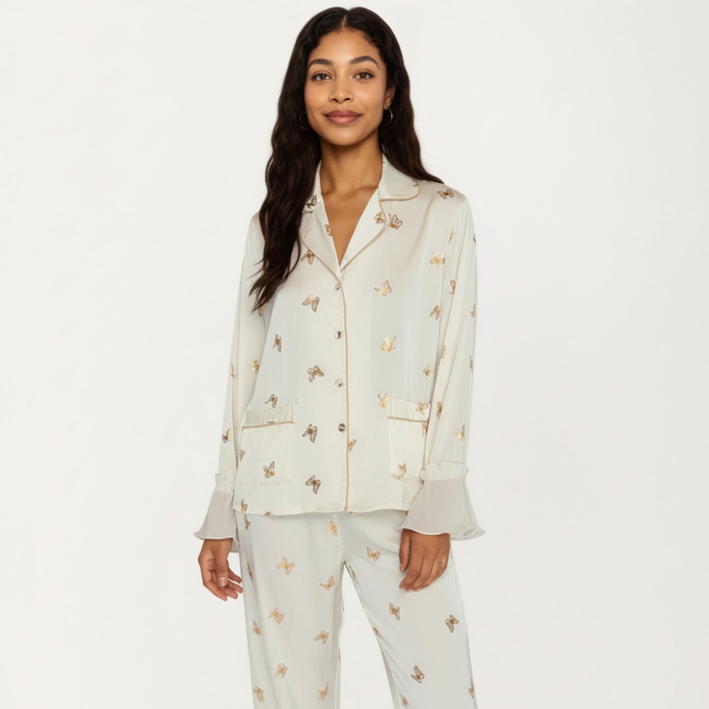 Anna-Kaci Lounge Women's 2-Piece Set Satin Pajama Top with Piping Detail and Ruffled Cuffs Paired with Matching Pants