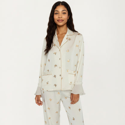 Anna-Kaci Lounge Women's 2-Piece Set Satin Pajama Top with Piping Detail and Ruffled Cuffs Paired with Matching Pants