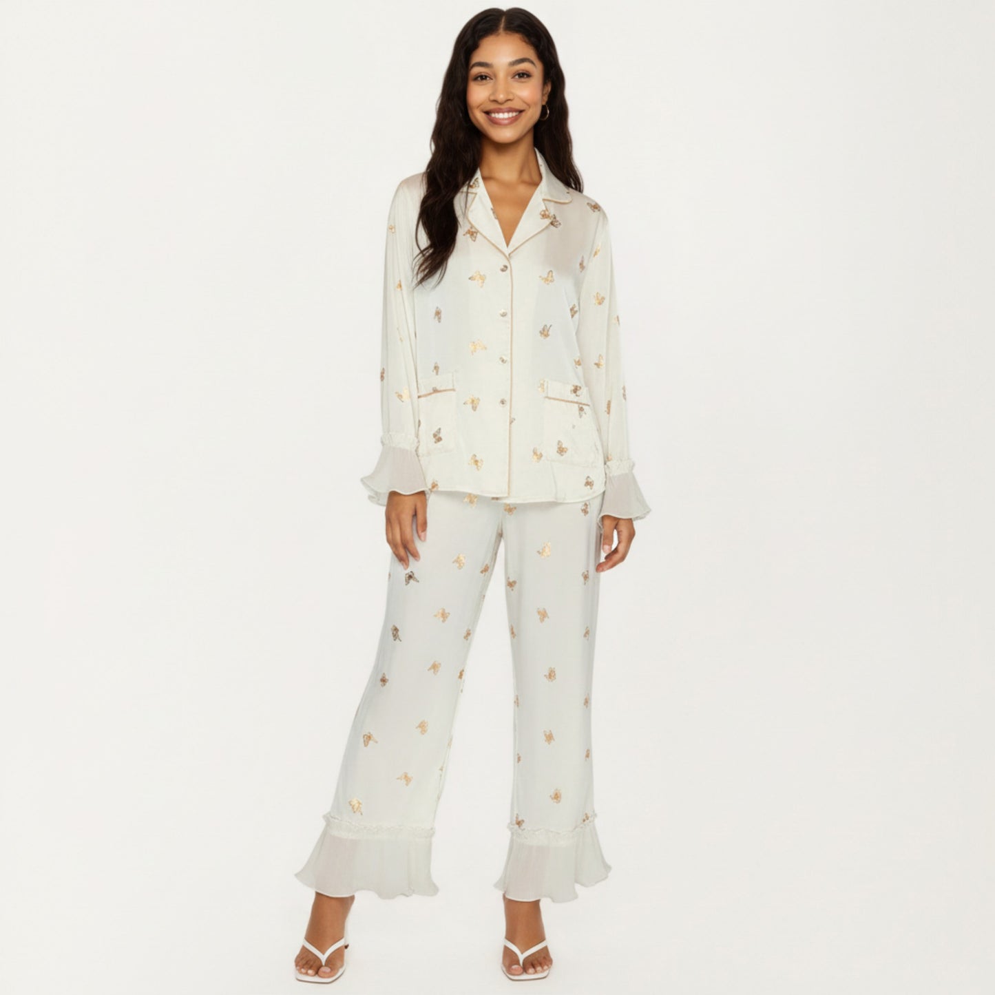 Anna-Kaci Lounge Women's 2-Piece Set Satin Pajama Top with Piping Detail and Ruffled Cuffs Paired with Matching Pants