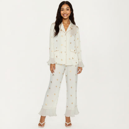 Anna-Kaci Lounge Women's 2-Piece Set Satin Pajama Top with Piping Detail and Ruffled Cuffs Paired with Matching Pants