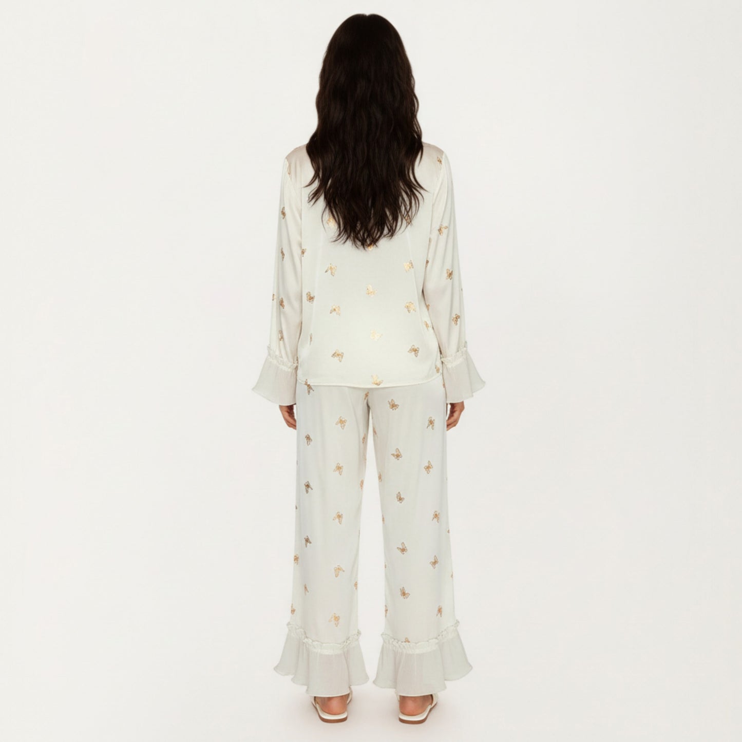 Anna-Kaci Lounge Women's 2-Piece Set Satin Pajama Top with Piping Detail and Ruffled Cuffs Paired with Matching Pants