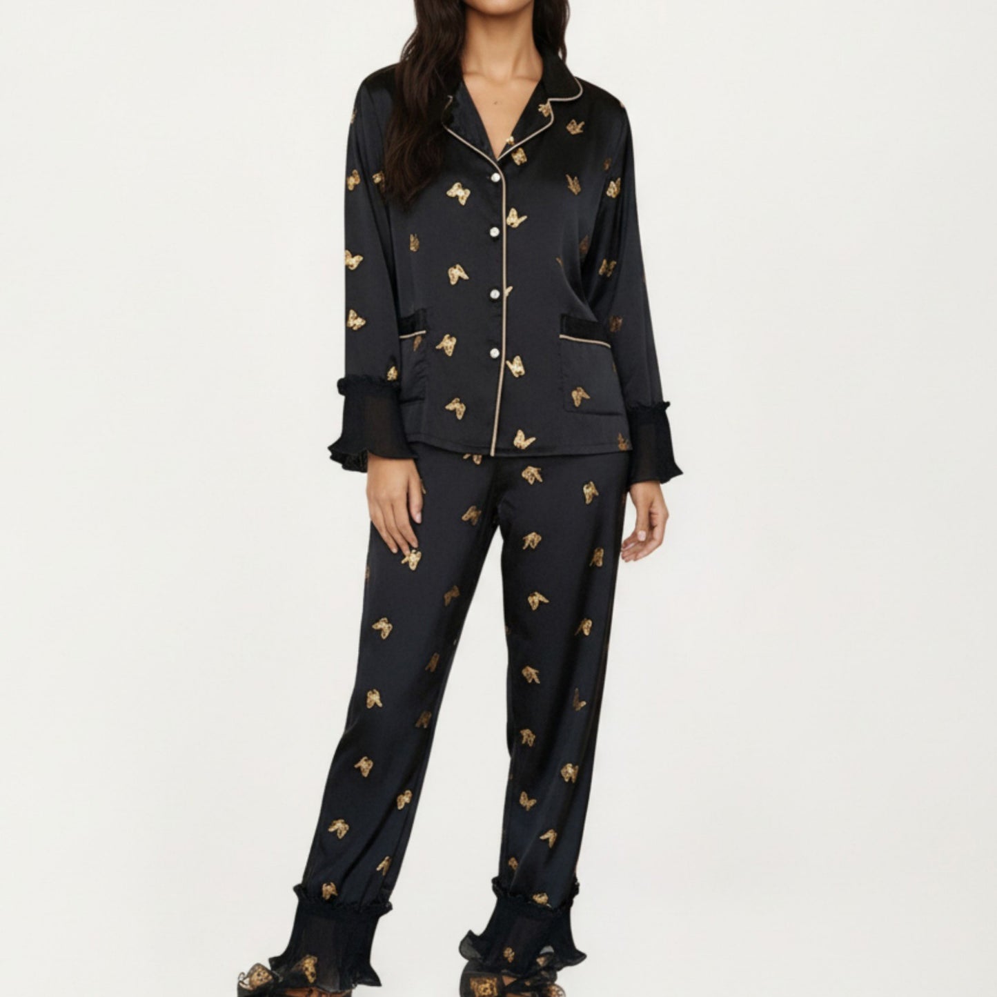 Anna-Kaci Lounge Women's 2-Piece Set Satin Pajama Top with Piping Detail and Ruffled Cuffs Paired with Matching Pants