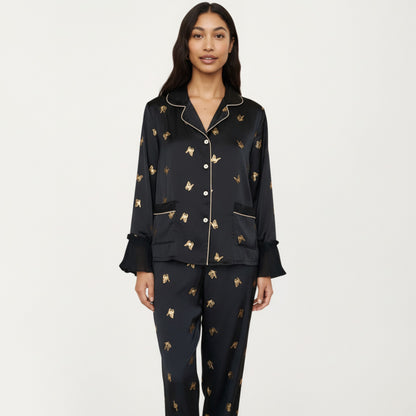 Anna-Kaci Lounge Women's 2-Piece Set Satin Pajama Top with Piping Detail and Ruffled Cuffs Paired with Matching Pants