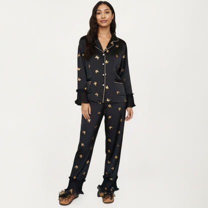 Anna-Kaci Lounge Women's 2-Piece Set Satin Pajama Top with Piping Detail and Ruffled Cuffs Paired with Matching Pants