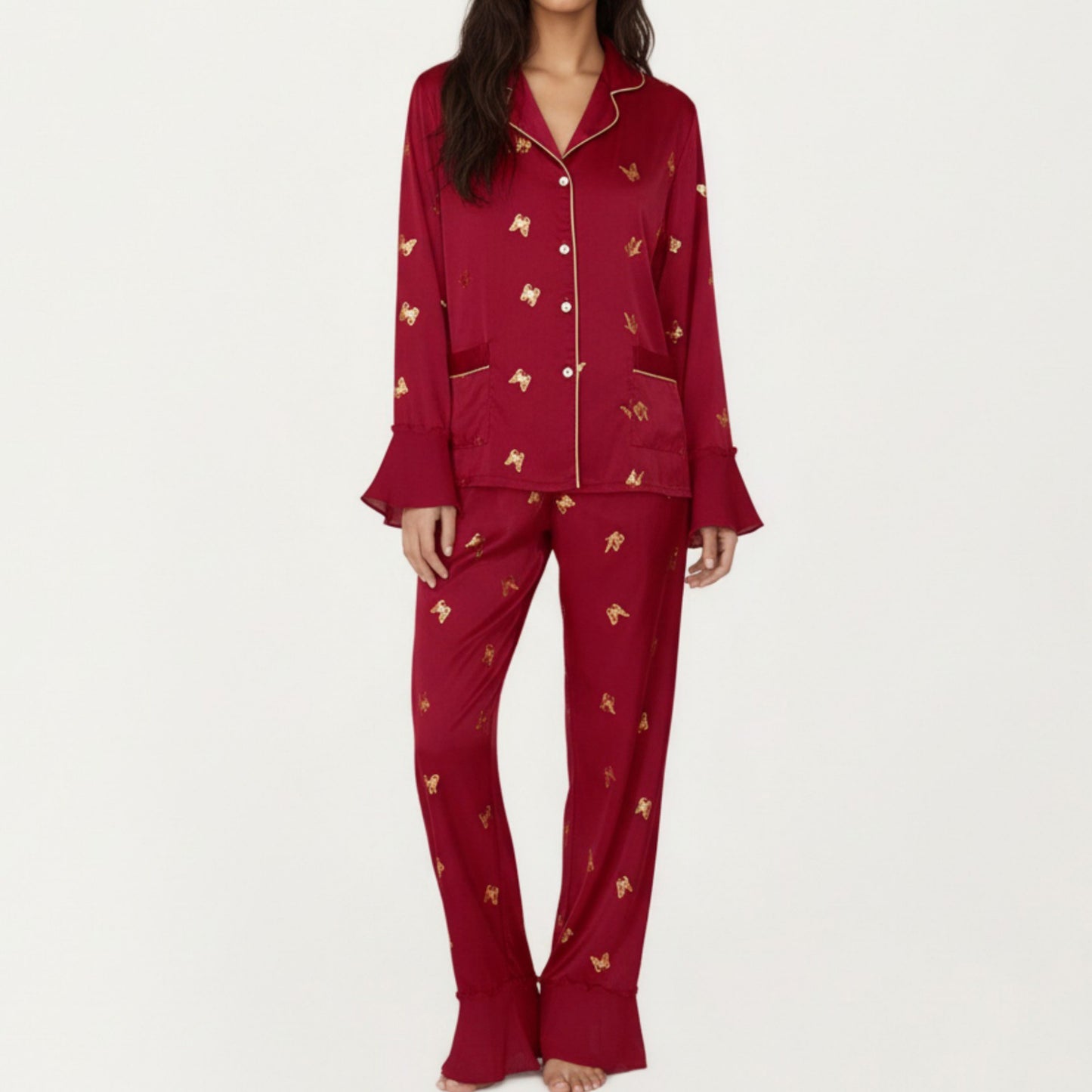 Anna-Kaci Lounge Women's 2-Piece Set Satin Pajama Top with Piping Detail and Ruffled Cuffs Paired with Matching Pants