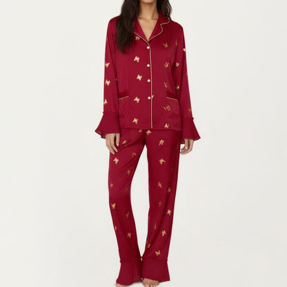 Anna-Kaci Lounge Women's 2-Piece Set Satin Pajama Top with Piping Detail and Ruffled Cuffs Paired with Matching Pants