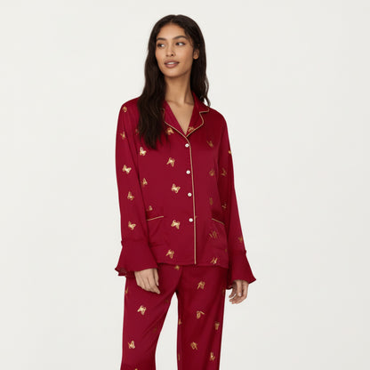 Anna-Kaci Lounge Women's 2-Piece Set Satin Pajama Top with Piping Detail and Ruffled Cuffs Paired with Matching Pants