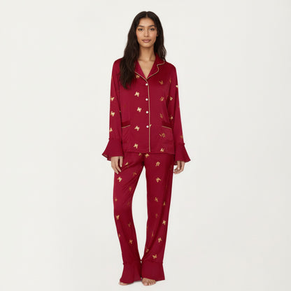 Anna-Kaci Lounge Women's 2-Piece Set Satin Pajama Top with Piping Detail and Ruffled Cuffs Paired with Matching Pants