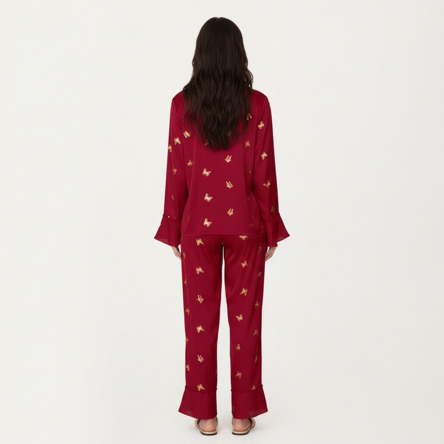 Anna-Kaci Lounge Women's 2-Piece Set Satin Pajama Top with Piping Detail and Ruffled Cuffs Paired with Matching Pants