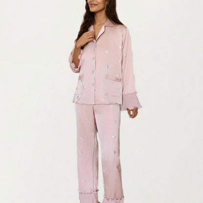 Anna-Kaci Lounge Women's 2-Piece Set Satin Pajama Top with Piping Detail and Ruffled Cuffs Paired with Matching Pants