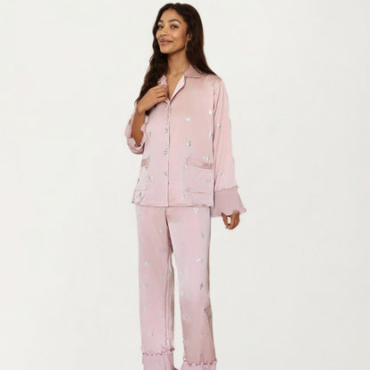 Anna-Kaci Lounge Women's 2-Piece Set Satin Pajama Top with Piping Detail and Ruffled Cuffs Paired with Matching Pants