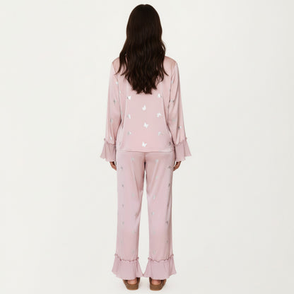 Anna-Kaci Lounge Women's 2-Piece Set Satin Pajama Top with Piping Detail and Ruffled Cuffs Paired with Matching Pants