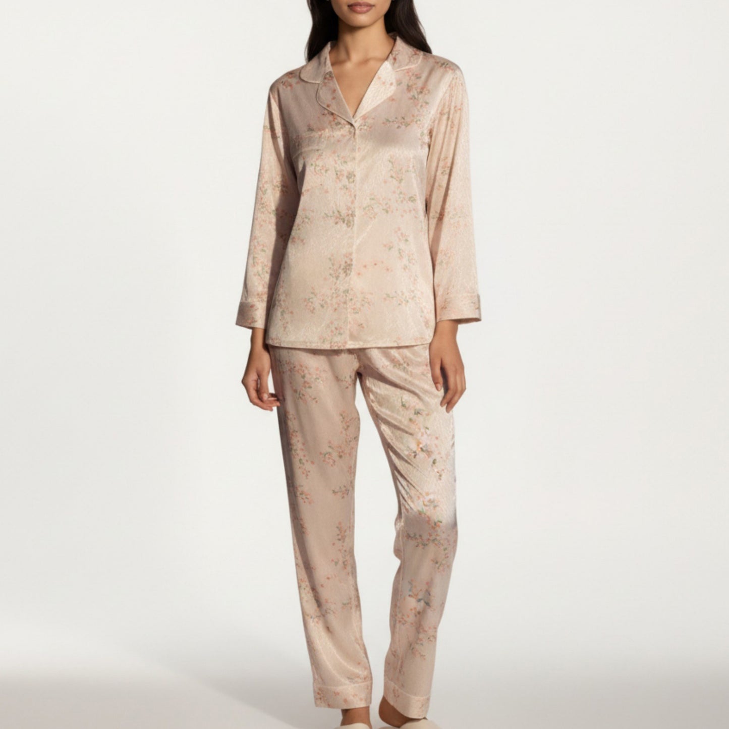Anna-Kaci Lounge Women's 2-Piece Set Floral Satin Pajama Top and Relaxed Fit Pants with Smooth Finish and Soft Collar Detail