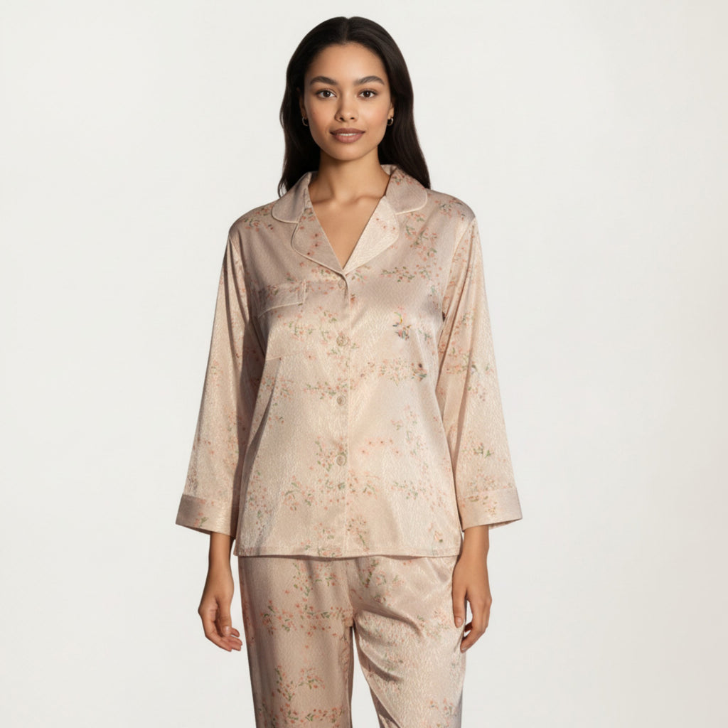 Anna-Kaci Lounge Women's 2-Piece Set Floral Satin Pajama Top and Relaxed Fit Pants with Smooth Finish and Soft Collar Detail