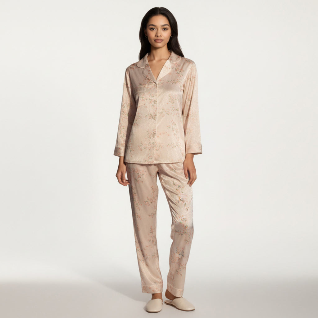 Anna-Kaci Lounge Women's 2-Piece Set Floral Satin Pajama Top and Relaxed Fit Pants with Smooth Finish and Soft Collar Detail