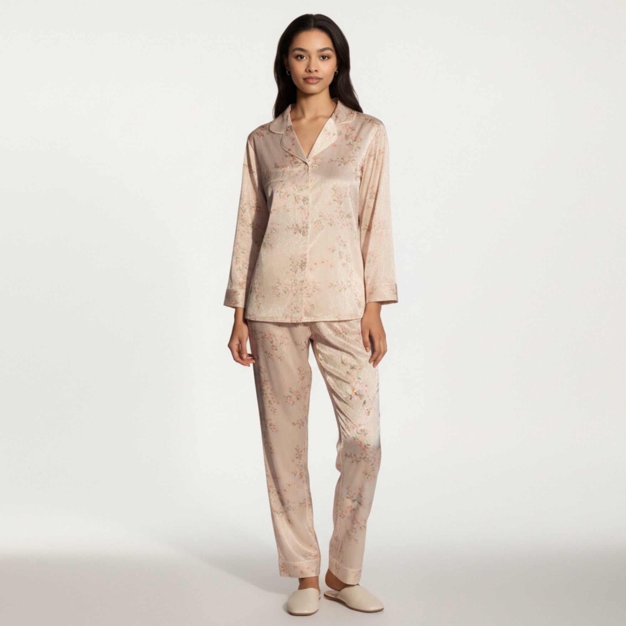 Anna-Kaci Lounge Women's 2-Piece Set Floral Satin Pajama Top and Relaxed Fit Pants with Smooth Finish and Soft Collar Detail