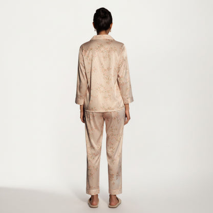 Anna-Kaci Lounge Women's 2-Piece Set Floral Satin Pajama Top and Relaxed Fit Pants with Smooth Finish and Soft Collar Detail