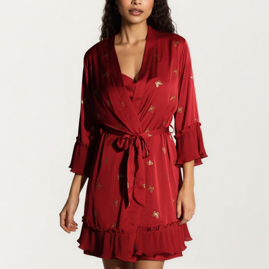 Anna-Kaci Lounge Women's Satin Bow Print Slip Dress with Spaghetti Straps and Soft Draped Neckline for a Smooth Elegant Look