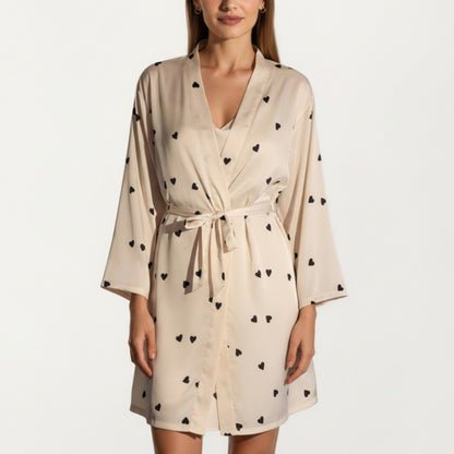 Anna-Kaci Lounge Women's 2-Piece Set Satin Polka Dot Slip Dress with Spaghetti Straps and Matching Tie Waist Robe Layer