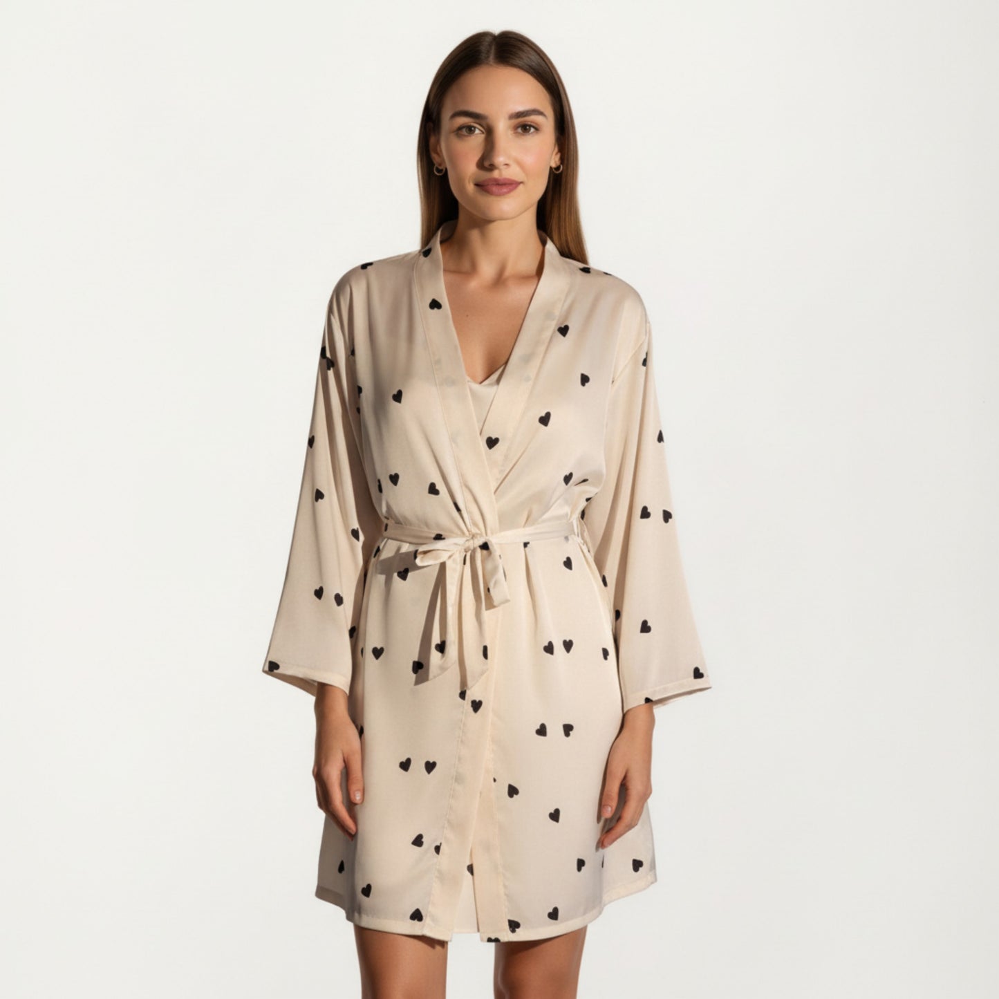 Anna-Kaci Lounge Women's 2-Piece Set Satin Polka Dot Slip Dress with Spaghetti Straps and Matching Tie Waist Robe Layer