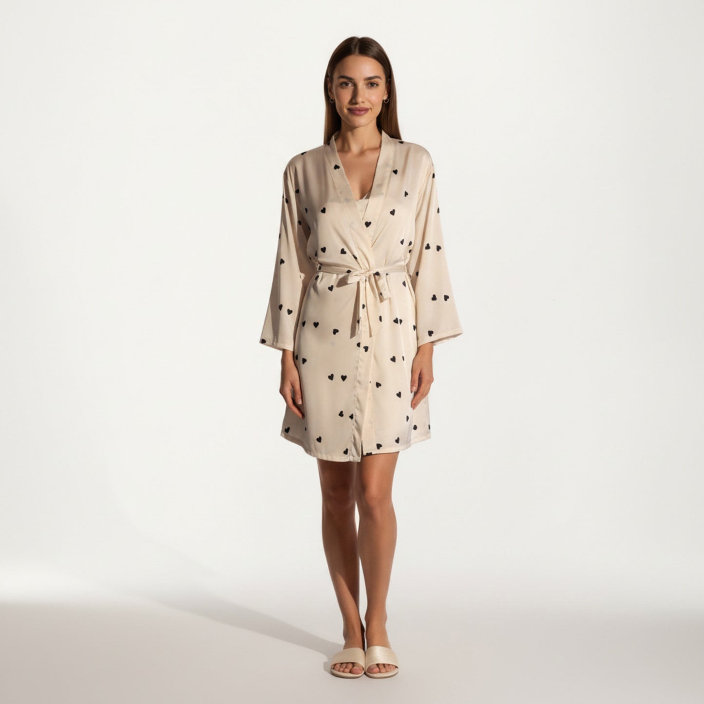 Anna-Kaci Lounge Women's 2-Piece Set Satin Polka Dot Slip Dress with Spaghetti Straps and Matching Tie Waist Robe Layer