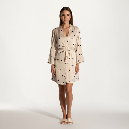 Anna-Kaci Lounge Women's 2-Piece Set Satin Polka Dot Slip Dress with Spaghetti Straps and Matching Tie Waist Robe Layer