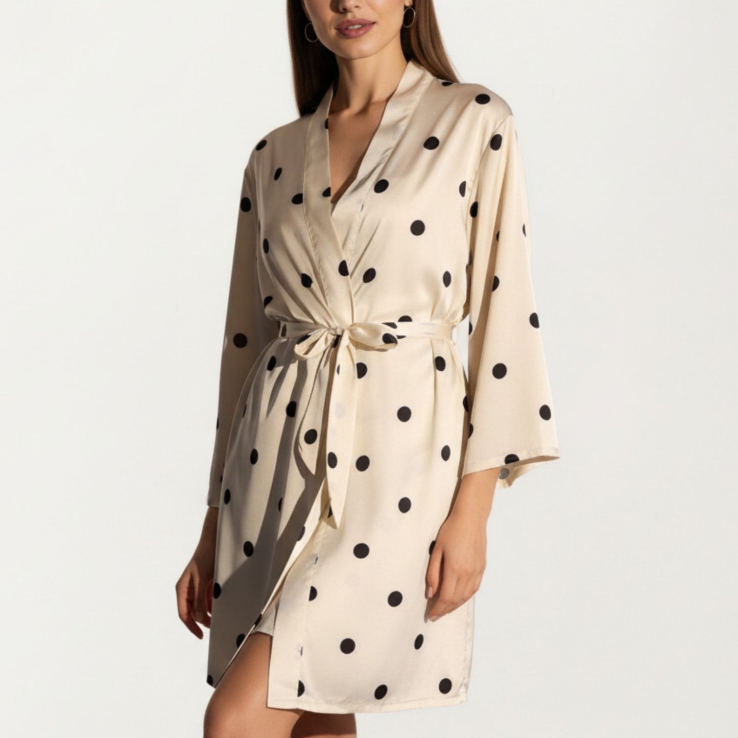 Anna-Kaci Lounge Women's 2-Piece Set Satin Polka Dot Slip Dress with Spaghetti Straps and Matching Tie Waist Robe Layer