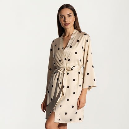 Anna-Kaci Lounge Women's 2-Piece Set Satin Polka Dot Slip Dress with Spaghetti Straps and Matching Tie Waist Robe Layer