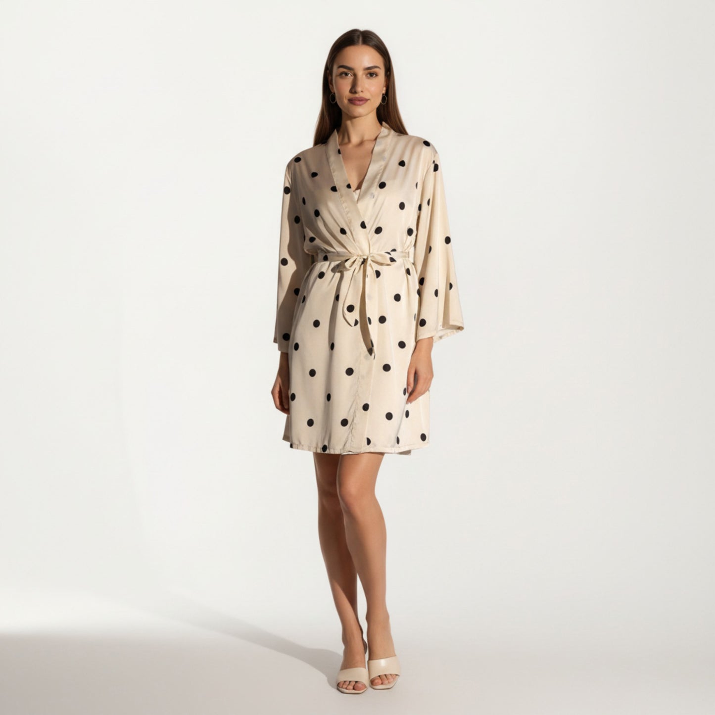 Anna-Kaci Lounge Women's 2-Piece Set Satin Polka Dot Slip Dress with Spaghetti Straps and Matching Tie Waist Robe Layer