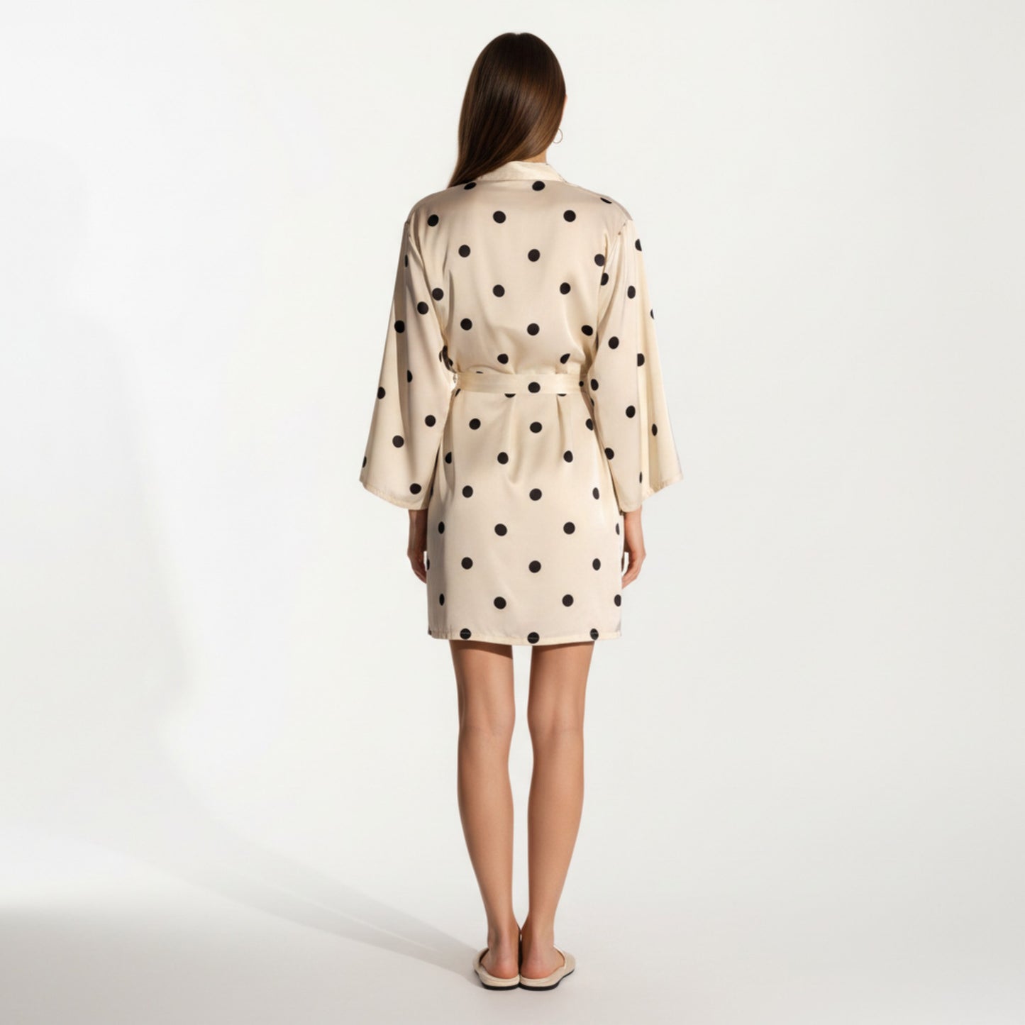 Anna-Kaci Lounge Women's 2-Piece Set Satin Polka Dot Slip Dress with Spaghetti Straps and Matching Tie Waist Robe Layer