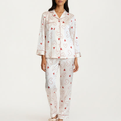 Anna-Kaci Lounge Women's 2-Piece Set Heart Print Satin Button Front Pajama Top with Contrast Piping and Matching Relaxed Fit Pants