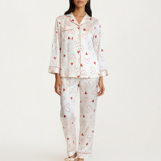 Anna-Kaci Lounge Women's 2-Piece Set Heart Print Satin Button Front Pajama Top with Contrast Piping and Matching Relaxed Fit Pants