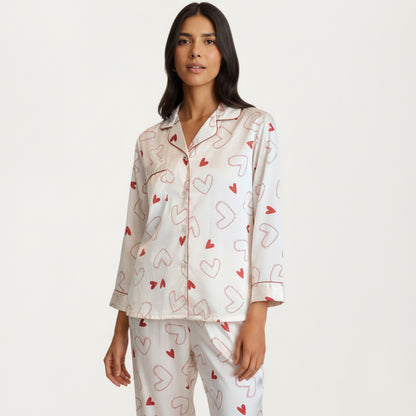 Anna-Kaci Lounge Women's 2-Piece Set Heart Print Satin Button Front Pajama Top with Contrast Piping and Matching Relaxed Fit Pants