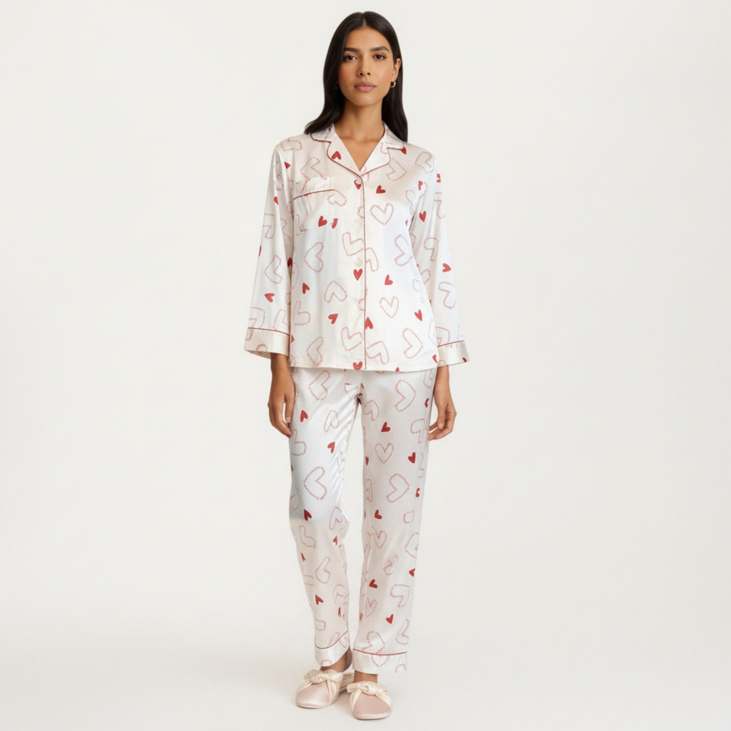 Anna-Kaci Lounge Women's 2-Piece Set Heart Print Satin Button Front Pajama Top with Contrast Piping and Matching Relaxed Fit Pants