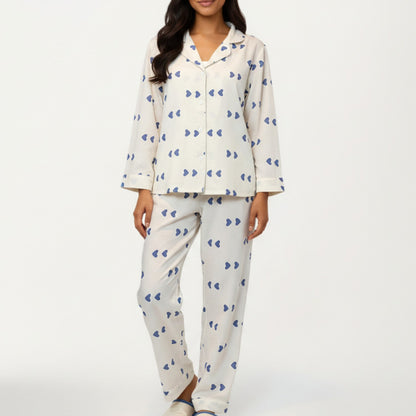 Anna-Kaci Lounge Women's 2-Piece Set Heart Print Button Front Pajama Top with Relaxed Long Sleeves and Matching Elastic Waist Pants