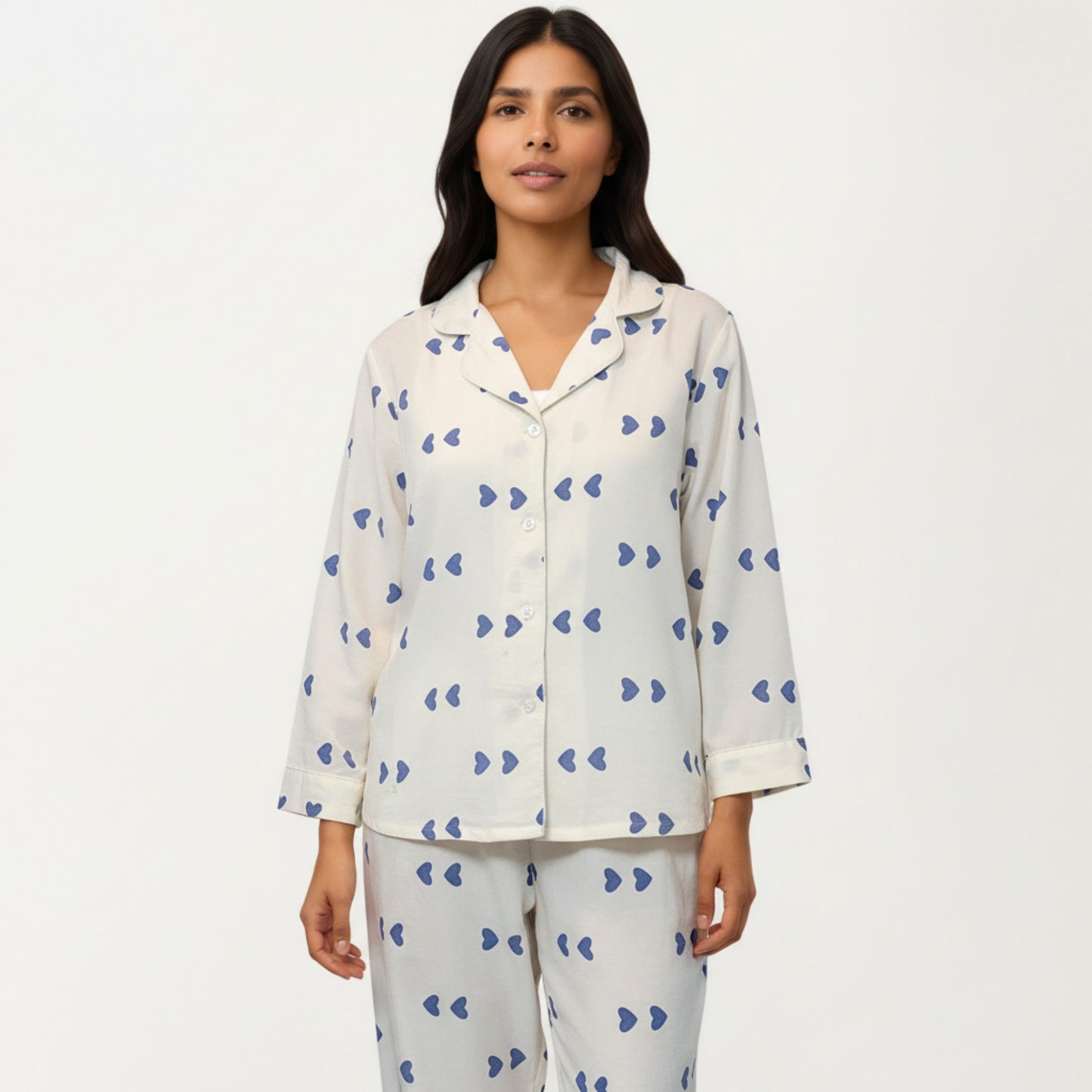 Anna-Kaci Lounge Women's 2-Piece Set Heart Print Button Front Pajama Top with Relaxed Long Sleeves and Matching Elastic Waist Pants