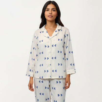 Anna-Kaci Lounge Women's 2-Piece Set Heart Print Button Front Pajama Top with Relaxed Long Sleeves and Matching Elastic Waist Pants