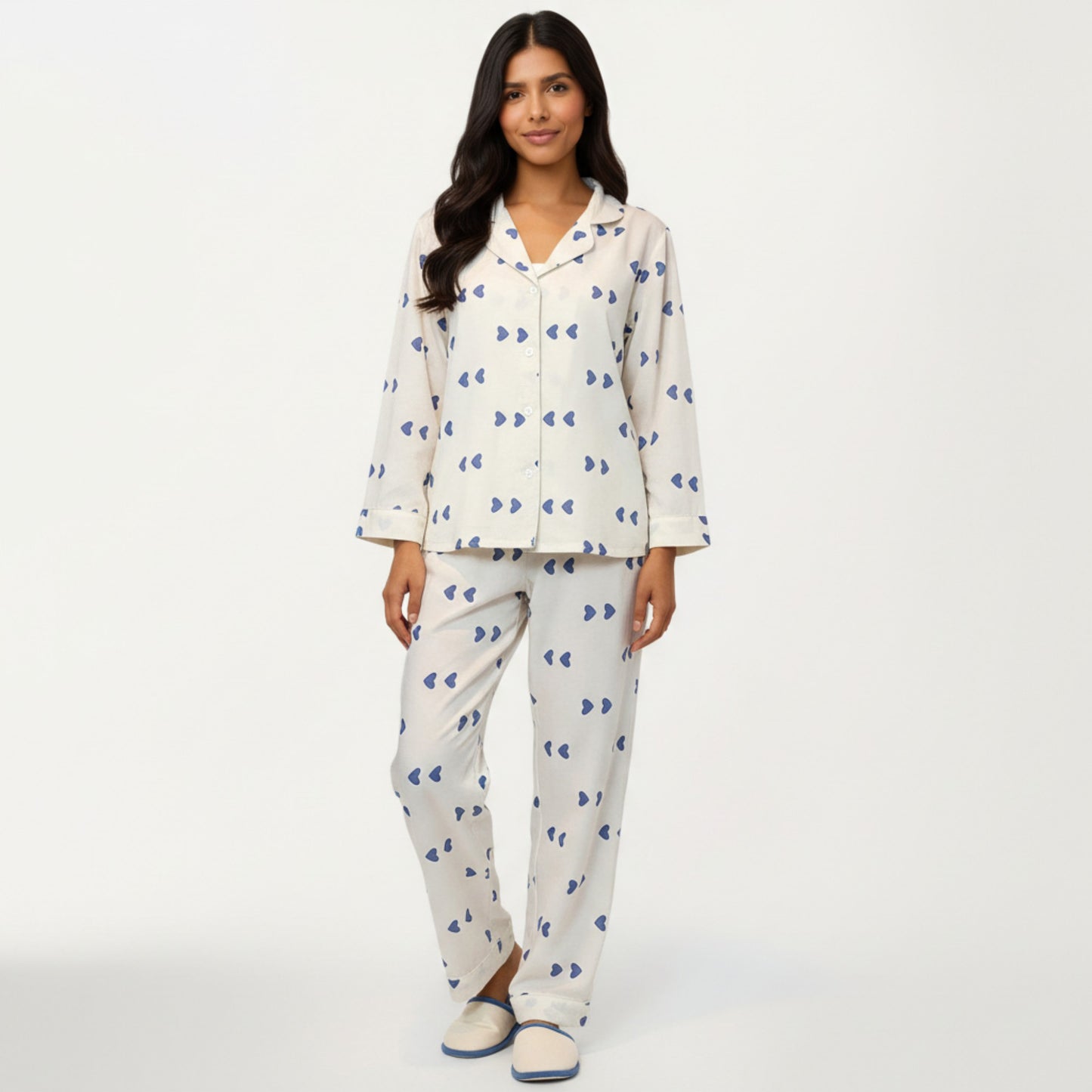 Anna-Kaci Lounge Women's 2-Piece Set Heart Print Button Front Pajama Top with Relaxed Long Sleeves and Matching Elastic Waist Pants