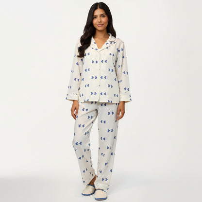 Anna-Kaci Lounge Women's 2-Piece Set Heart Print Button Front Pajama Top with Relaxed Long Sleeves and Matching Elastic Waist Pants