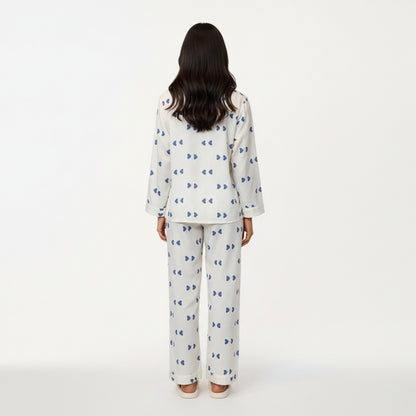 Anna-Kaci Lounge Women's 2-Piece Set Heart Print Button Front Pajama Top with Relaxed Long Sleeves and Matching Elastic Waist Pants