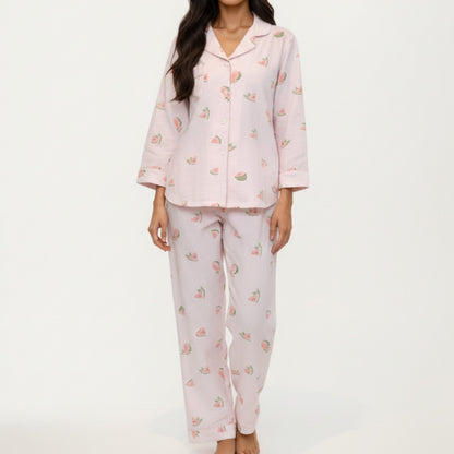 Anna-Kaci Lounge Women's 2-Piece Set Heart Print Button Front Pajama Top with Relaxed Long Sleeves and Matching Elastic Waist Pants