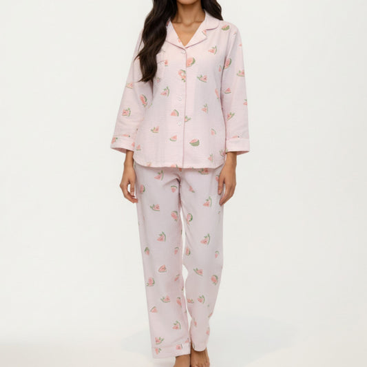 Anna-Kaci Lounge Women's 2-Piece Set Heart Print Button Front Pajama Top with Relaxed Long Sleeves and Matching Elastic Waist Pants