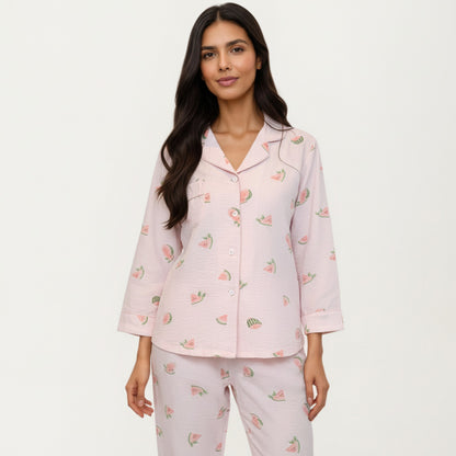 Anna-Kaci Lounge Women's 2-Piece Set Heart Print Button Front Pajama Top with Relaxed Long Sleeves and Matching Elastic Waist Pants