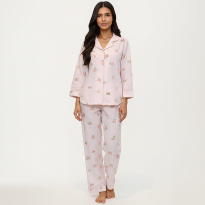Anna-Kaci Lounge Women's 2-Piece Set Heart Print Button Front Pajama Top with Relaxed Long Sleeves and Matching Elastic Waist Pants